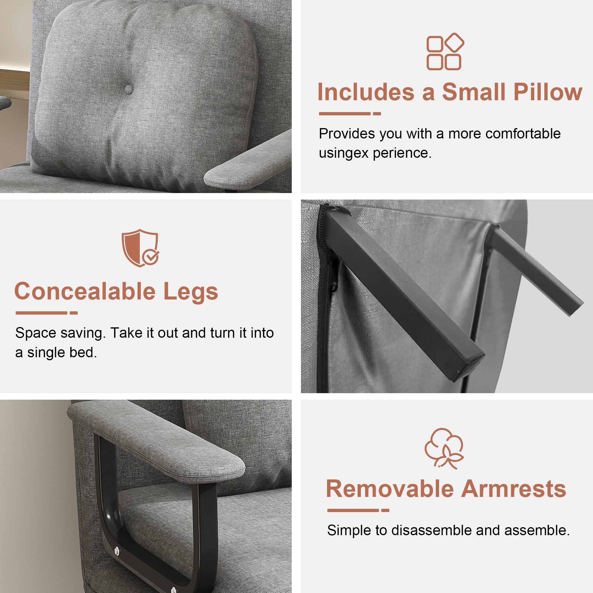 Folding Sofa Bed 5-in-1 Convertible Chair with Adjustable Backrest and Pillow, Grey Flannelette, Compact Design - Grand Goldman Shop