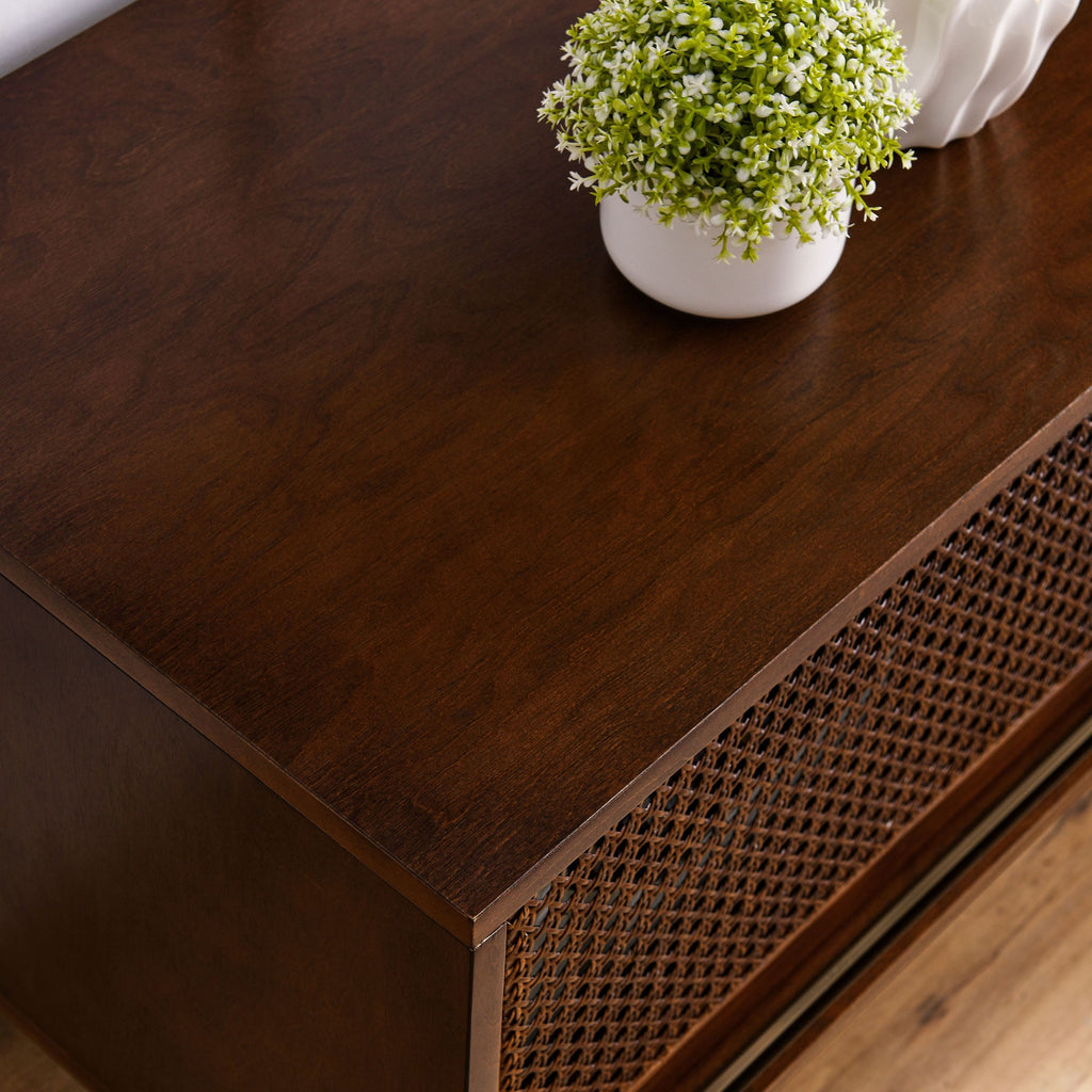 59 Inch Mid Century Modern Rattan TV Stand for 65 Inch TV, Entertainment Cabinet, Media Console for Living Room Media Room, Solid Wood Feet & Rattan Cabinet Doors - Dark Wood - Grand Goldman Shop