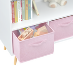 Modern Kids Bookcase with Collapsible Fabric Drawers, Children's Book Display & Toy Storage, White/Pink MDF & Pine Legs | Pre