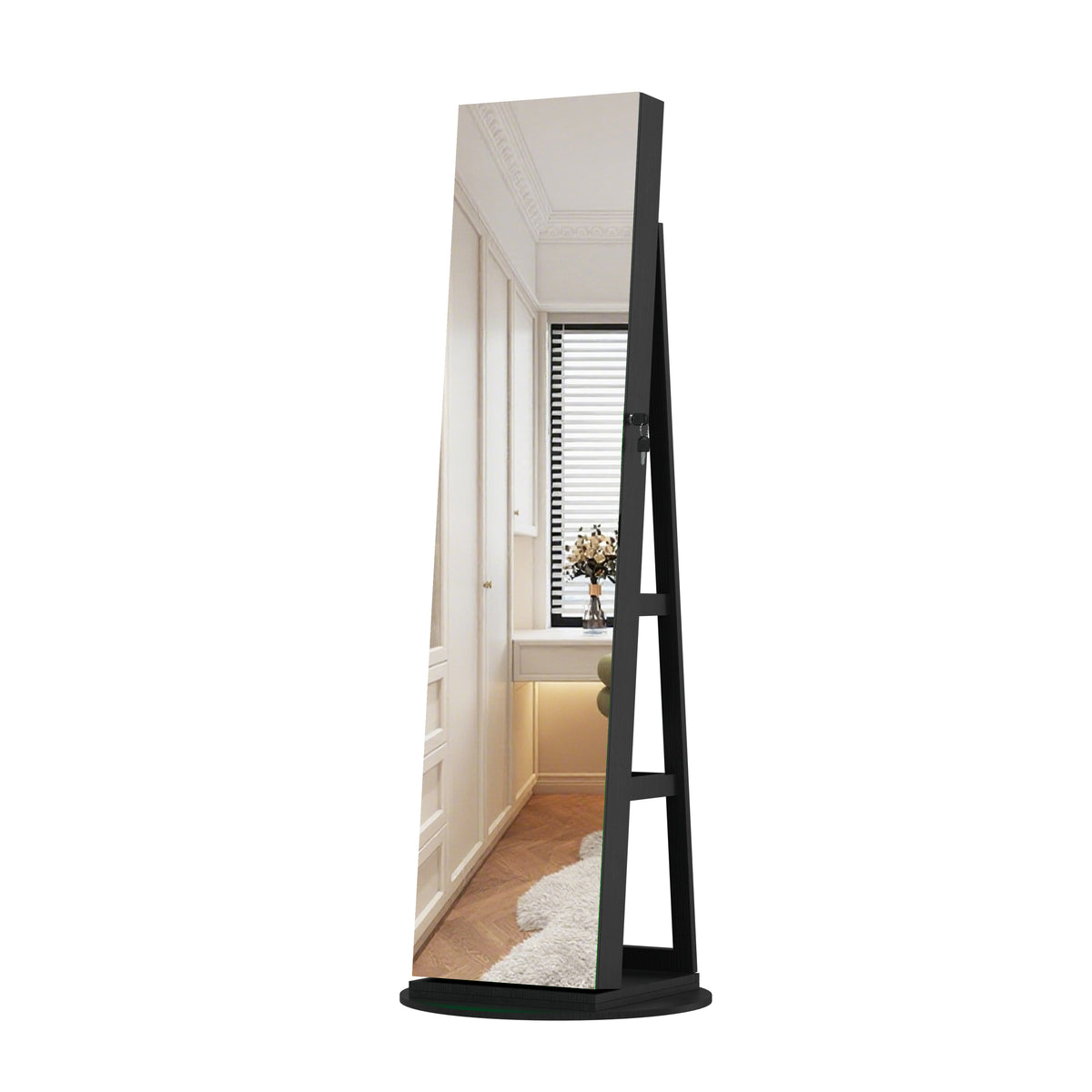360°Swivel Jewelry Cabinet with Full Length Mirror, 360°Rotating Standing Jewelry Armoire Organizer, Lockable Storage Cabinet, Interior Lighted Mirror, Black - Grand Goldman Shop