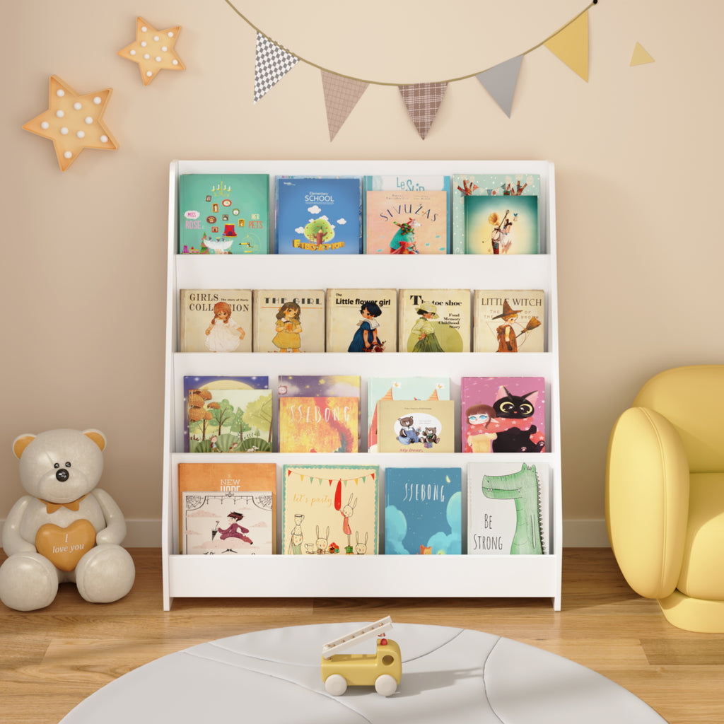 Stylish 4-Tier Kids Bookshelf, Toddler Book Display Shelves in White, Made of MDF with Rounded Edges, 31.5 x 11.8 x 34.65 inc
