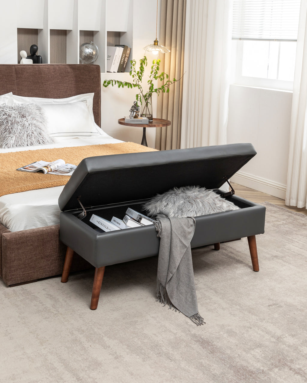 Storage Bench with Storage Bench for Bedroom End of Bed Bench Foot of Bed Bench Entryway Bench Storage Ottoman Bench 43.3' W x 17.7' Dark Grey Leather Bench - Grand Goldman Shop