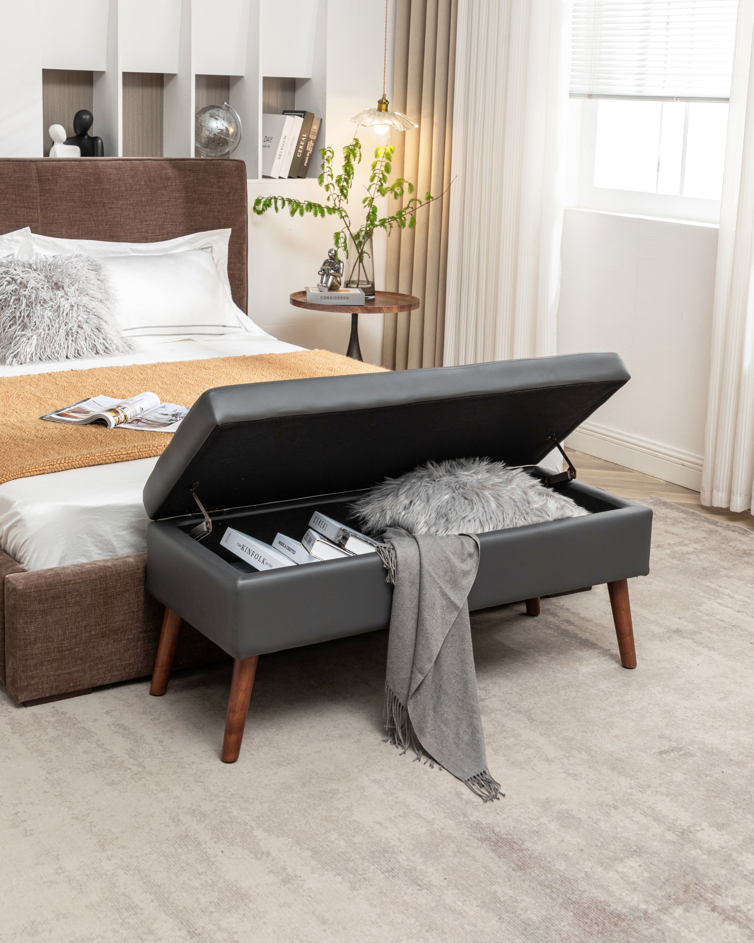 Storage Bench with Storage Bench for Bedroom End of Bed Bench Foot of Bed Bench Entryway Bench Storage Ottoman Bench 43.3' W x 17.7' Dark Grey Leather Bench - Grand Goldman Shop