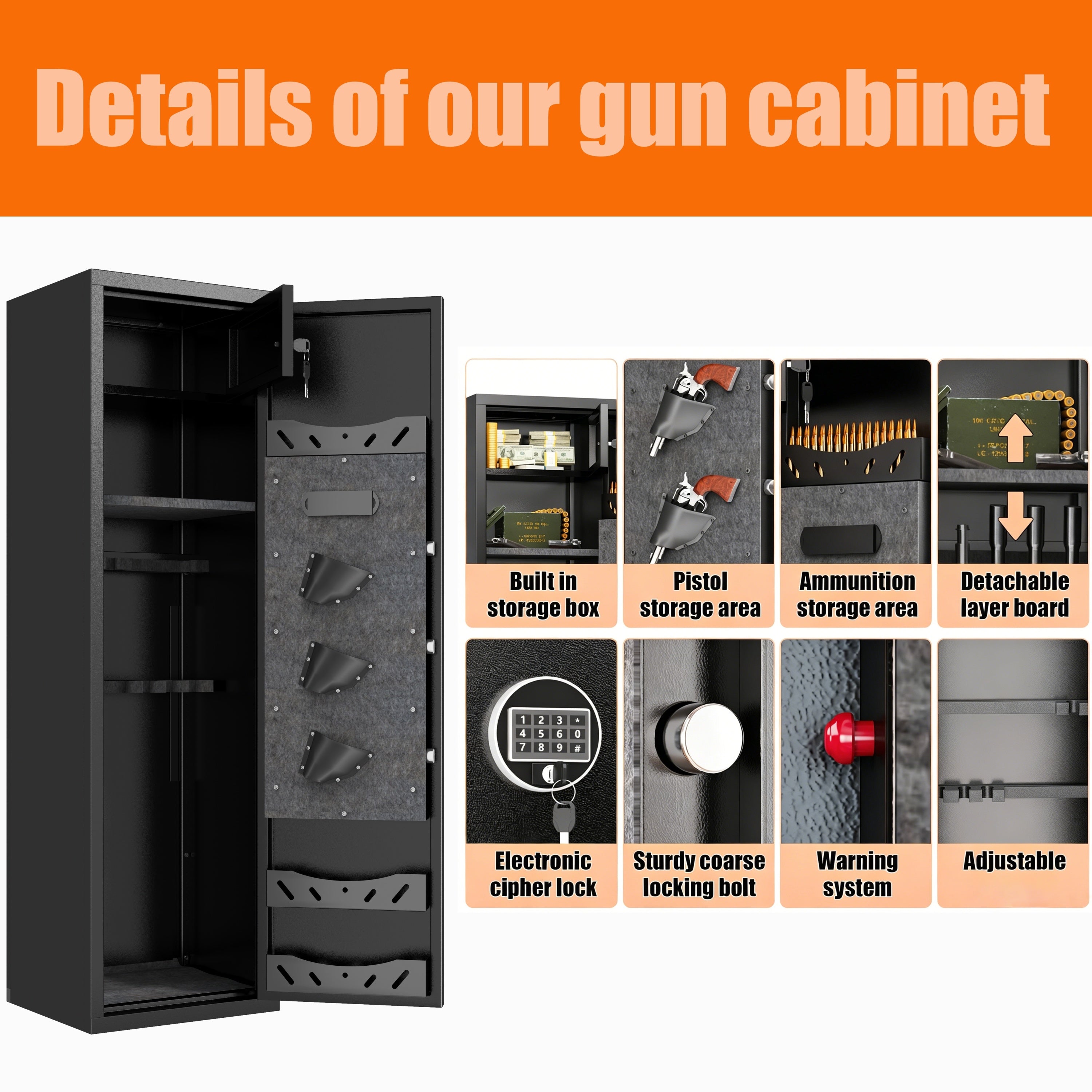 57' High Large Capacity Mechanical Gun Safe for Rifles & Handguns, Digital Password Lock, Built-In Independent Lock Box, Adju