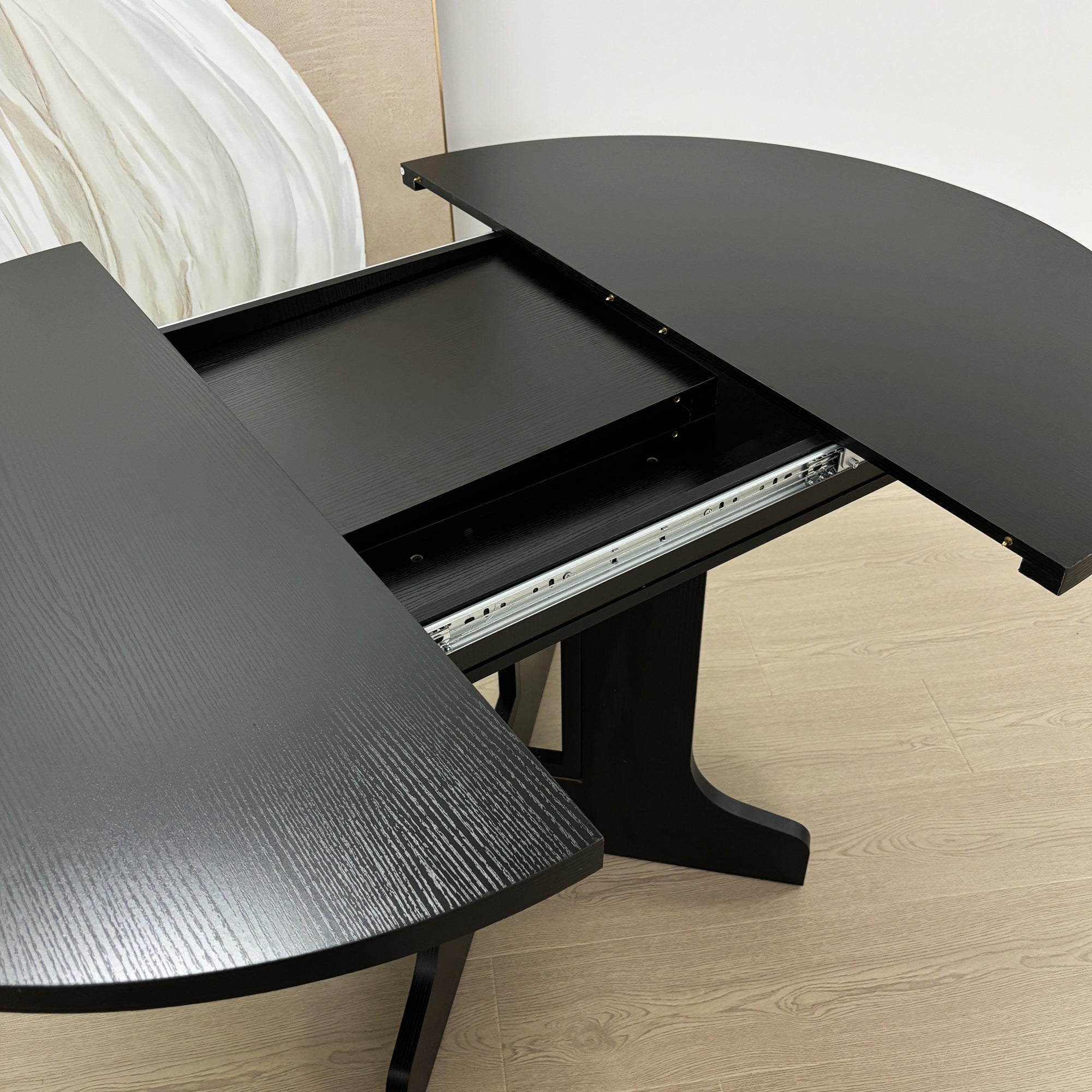 Farmhouse Kitchen Dining Table 59x43 Inch Expandable Oval Top with Removable Leaf Black MDF - Grand Goldman Shop