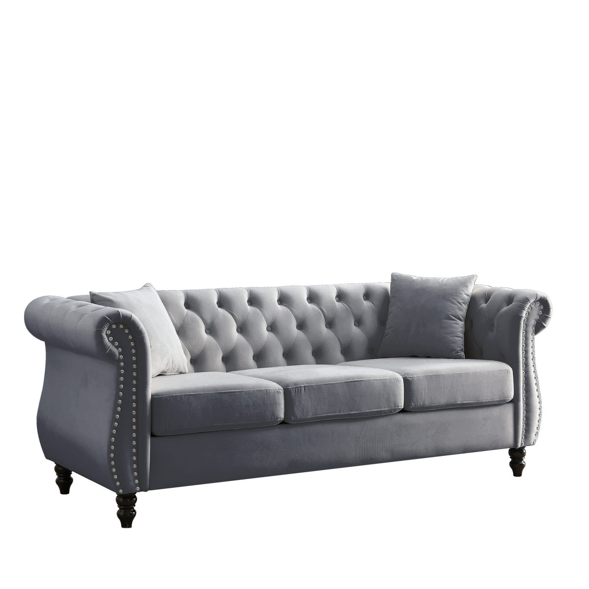 Grey Velvet 3-Seater Chesterfield Sofa with Rolled Arms and Nailhead Trim, Tufted Couch for Living Room, Bedroom, Office, Apartment, Includes Two Pillows - Grand Goldman Shop