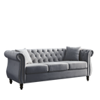 Grey Velvet 3-Seater Chesterfield Sofa with Rolled Arms and Nailhead Trim, Tufted Couch for Living Room, Bedroom, Office, Apartment, Includes Two Pillows - Grand Goldman Shop