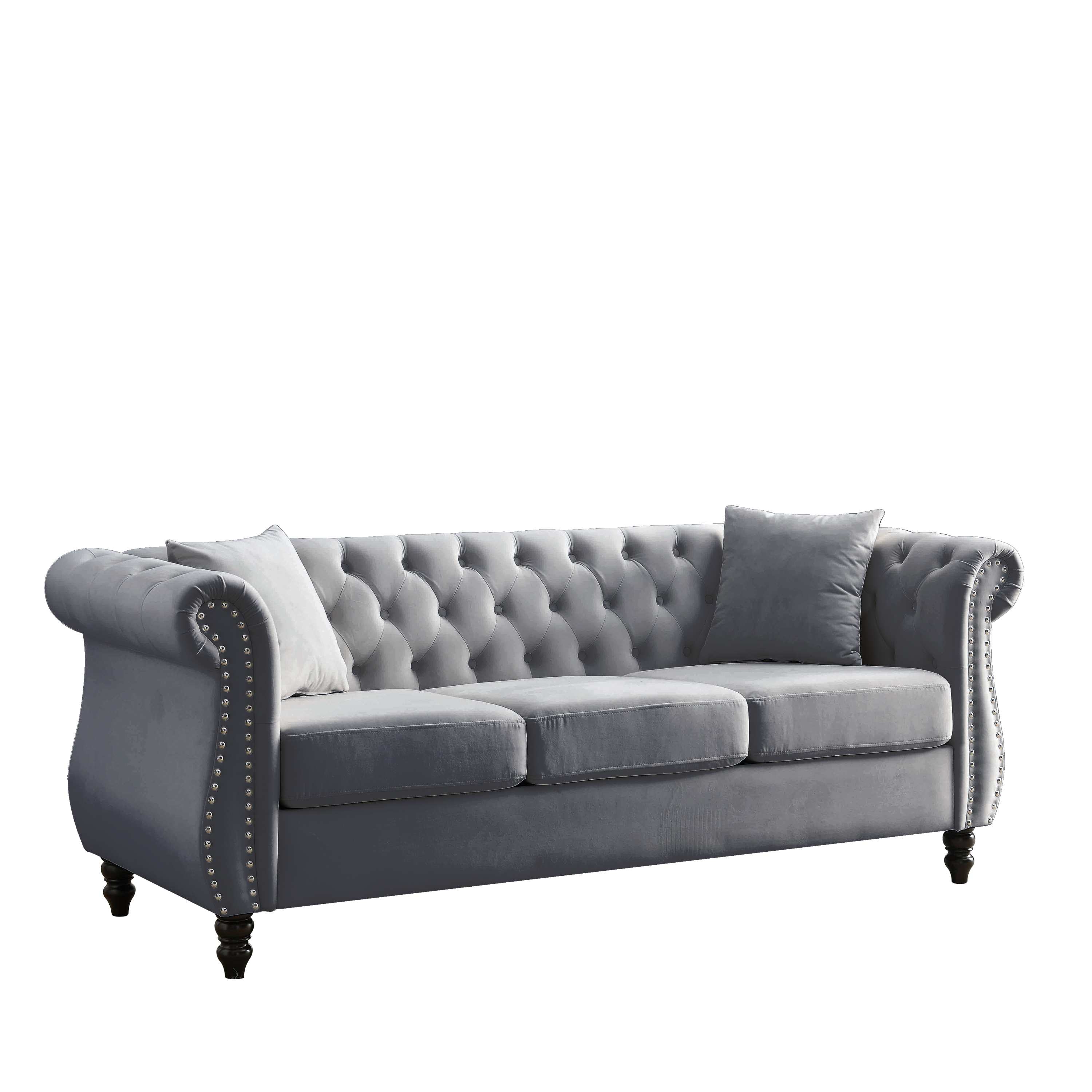 Grey Velvet 3-Seater Chesterfield Sofa with Rolled Arms and Nailhead Trim, Tufted Couch for Living Room, Bedroom, Office, Apartment, Includes Two Pillows - Grand Goldman Shop