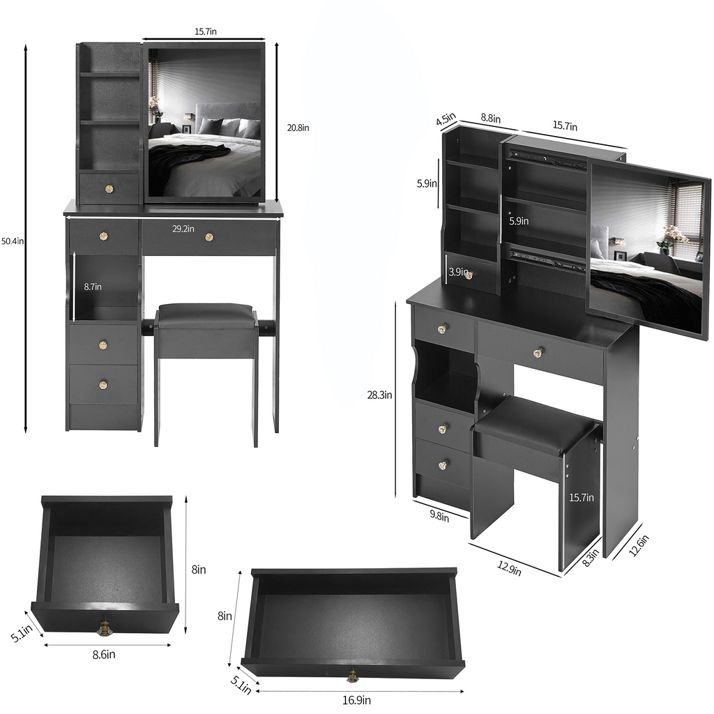 29.2' Small Space Left Drawer Desktop Vanity Table + Cushioned Stool, Extra Large Right sliding mirror, Multi Layer High Capacity Storage, Practical Fashionable Dresser, EPA, GCC, UL Certificate - Grand Goldman Shop