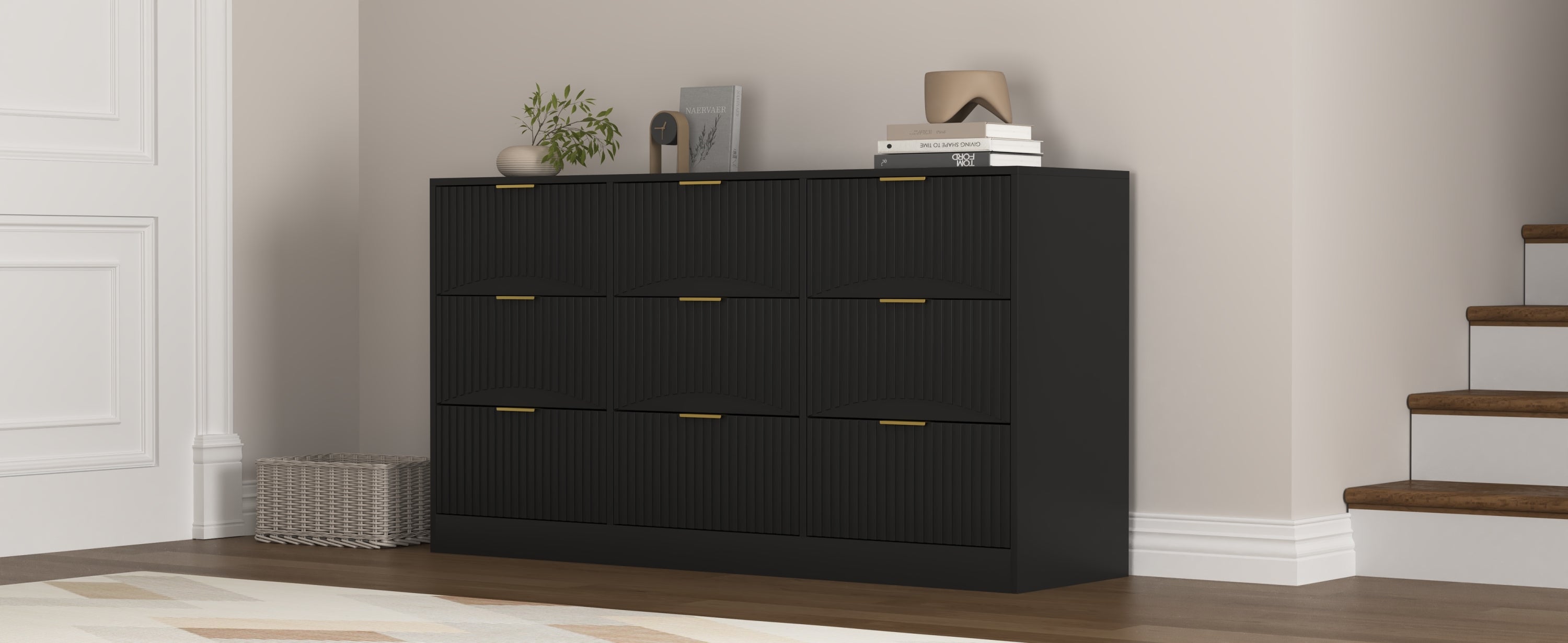Black 9 Drawer Dresser, 63' Large Deep Chest of Drawers, Wooden Dresser Storage Cabinet with 9 Drawers for Bedroom, Long Dressers for Living Room, Hallway, Drawer panel with wavy patterns - Grand Goldman Shop