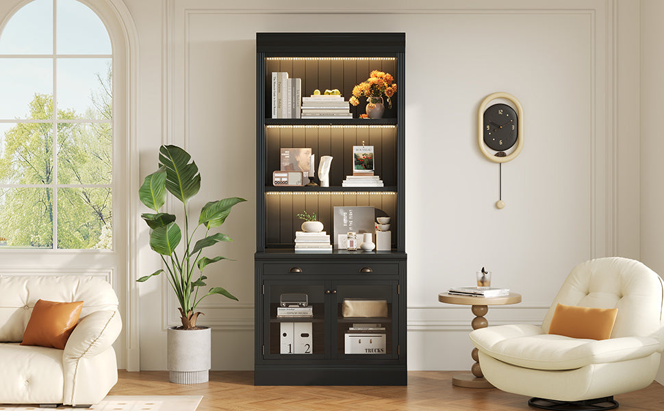 83.4'Tall Bookshelf with 3 pieces LED Lighting, Modern Bookcase with 2 Glass Doors and 1 Drawer,Storage Bookcase with Open Sh