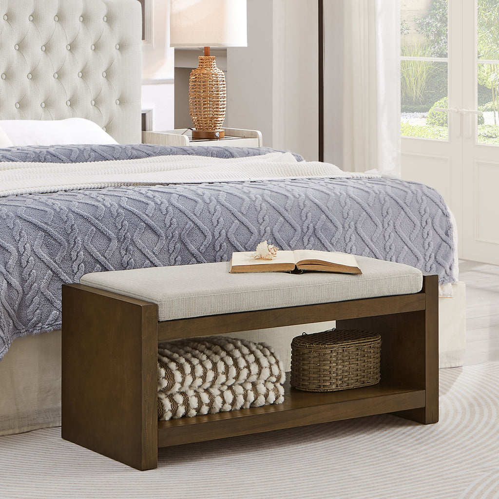 40' Accent Bench with Lower Shelf Shoe Rack, Padded Seating Bench for Living Room, Modern Compact Bed End Bench with Storage for Bedroom Seating, Removable Cushion,  40'W- Beige - Grand Goldman Shop