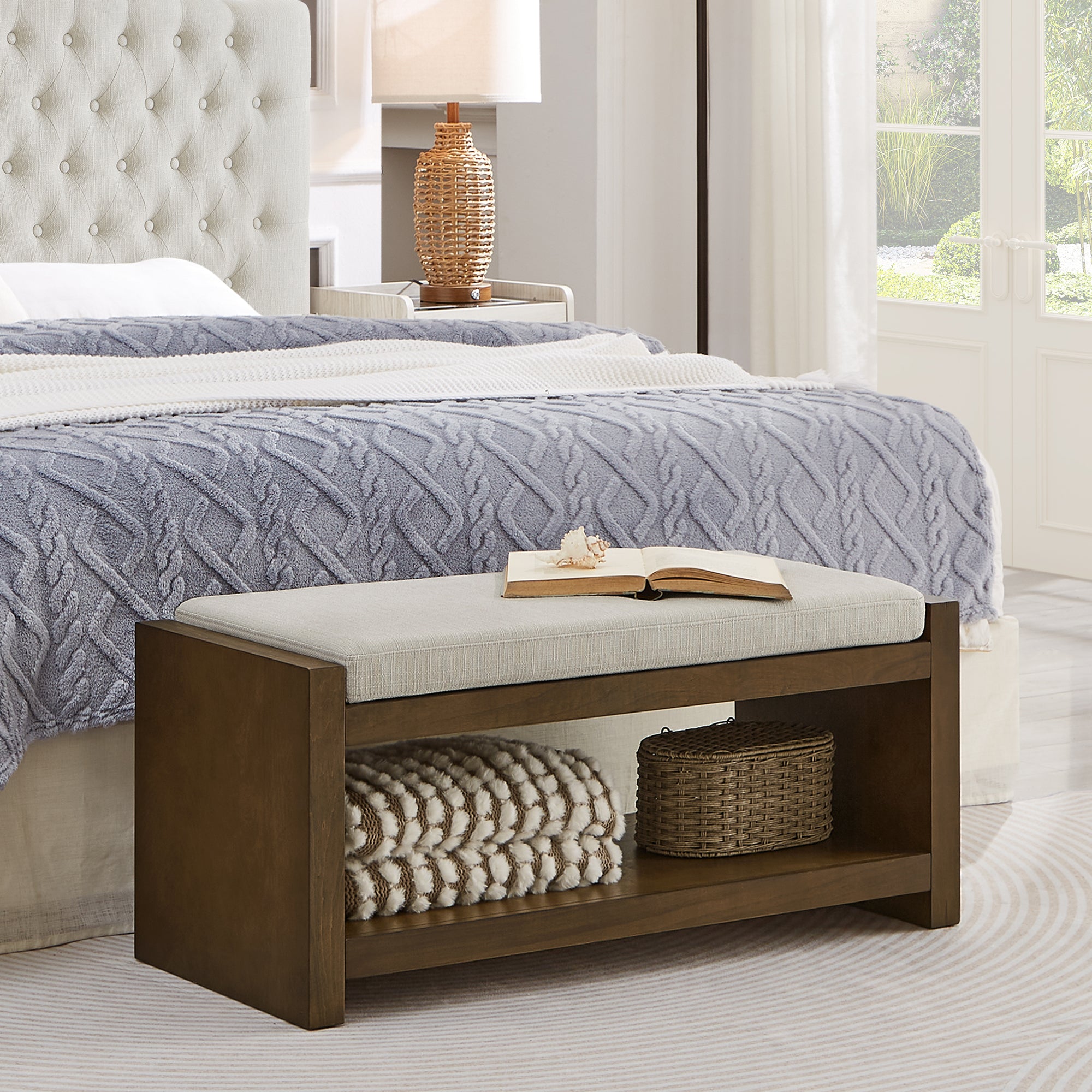 40' Accent Bench with Lower Shelf Shoe Rack, Padded Seating Bench for Living Room, Modern Compact Bed End Bench with Storage for Bedroom Seating, Removable Cushion,  40'W- Beige - Grand Goldman Shop