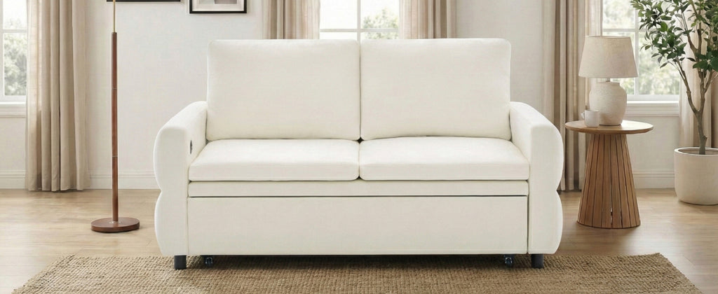 Convertible Sofa Bed 62.75' Loveseat with Adjustable Backrest and USB Ports in Beige Chenille Fabric - Grand Goldman Shop