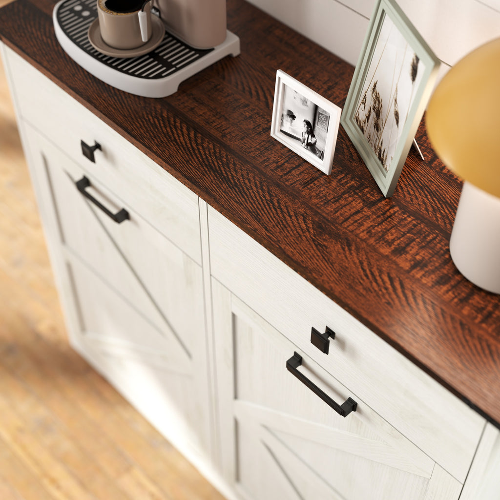 Farmhouse Barn Door Style Double Tilt Out Trash Cabinet for 20 Gallon Cans with Free Standing Recycling and Laundry Storage, Antique White & Brown Woodgrain - Grand Goldman Shop
