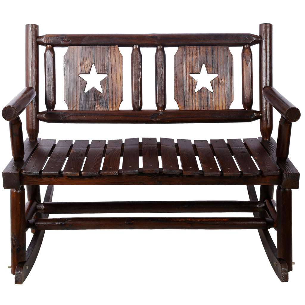 Outdoor Wood Rocking Bench Carbonized Double Rocking Chair for 2 Persons with Wide Curved Seat, Porch Rocker for Porch, Garden, Backyard, Rustic Brown - Grand Goldman Shop