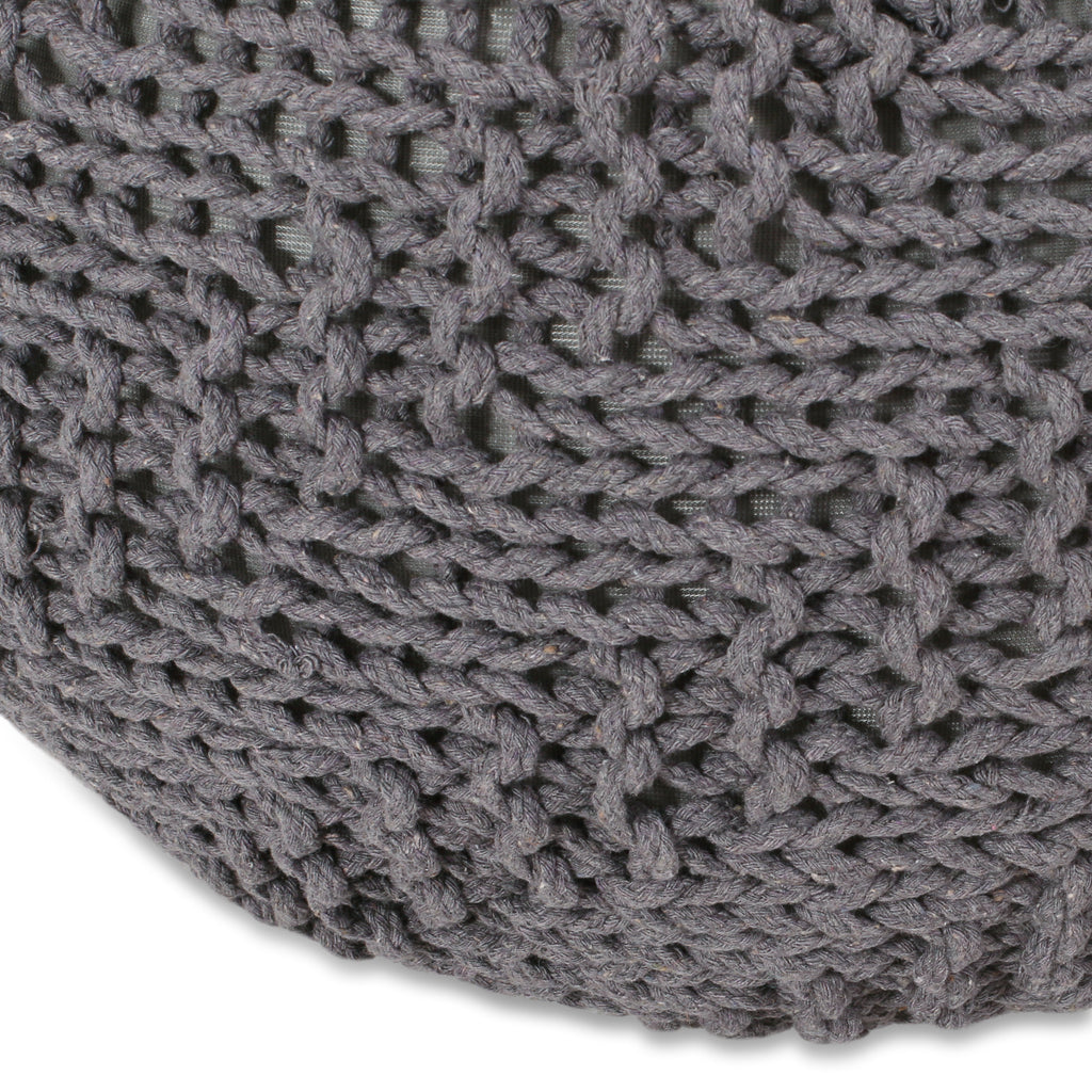 Hazel Modern Knitted Cotton Yarn Round Pouf with Eco-Friendly PET Fibers, Dark Grey, 20 x 20 inches - Grand Goldman Shop