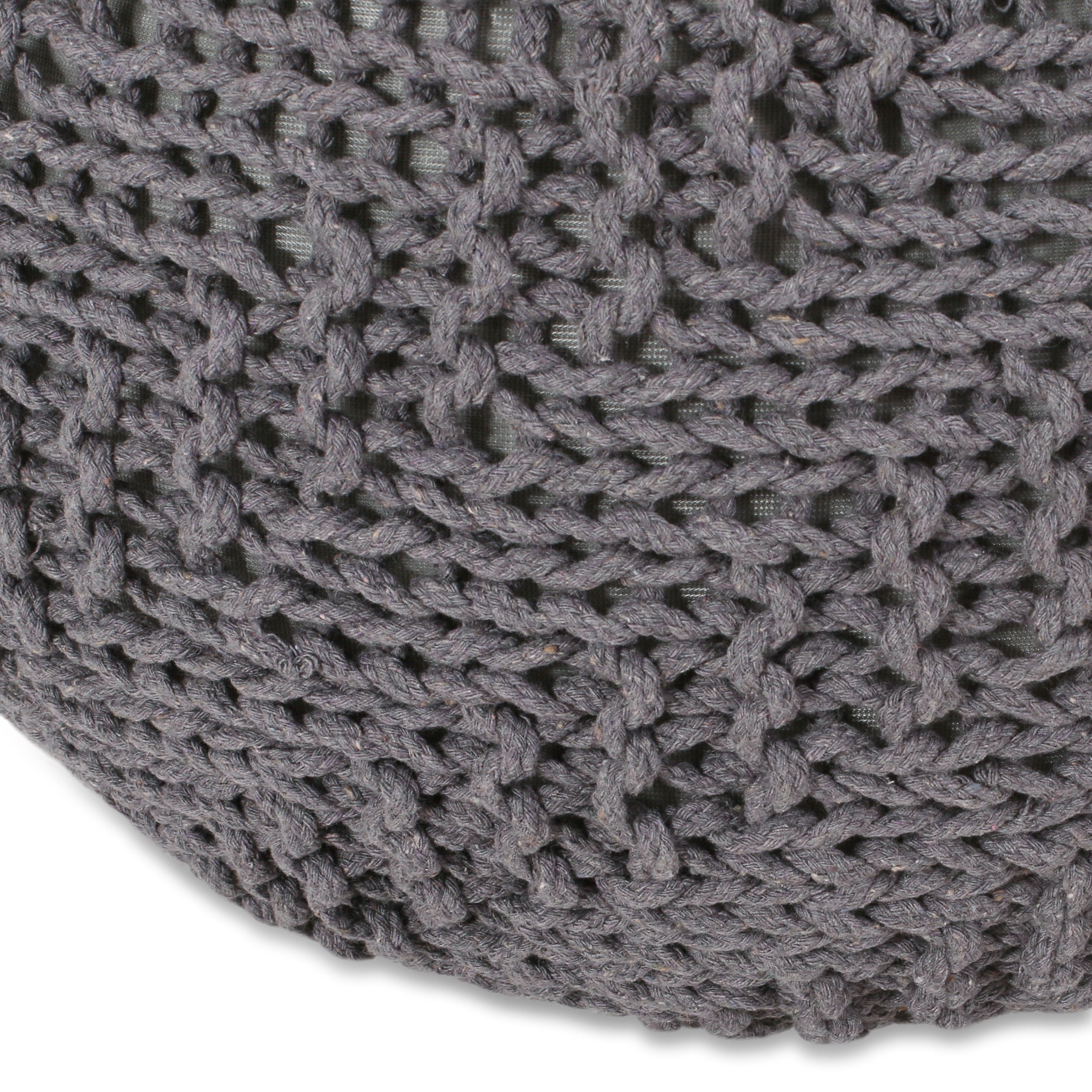 Hazel Modern Knitted Cotton Yarn Round Pouf with Eco-Friendly PET Fibers, Dark Grey, 20 x 20 inches - Grand Goldman Shop