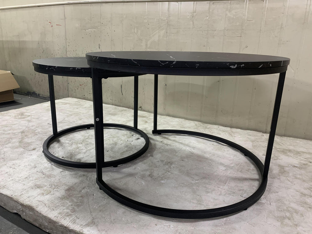 Nesting Coffee Table Set of 2, 27.6in Round Wood Marble Pattern Top with Sturdy Metal Frame, Black Living Room Side Tables for Bedroom Balcony Yard - Grand Goldman Shop