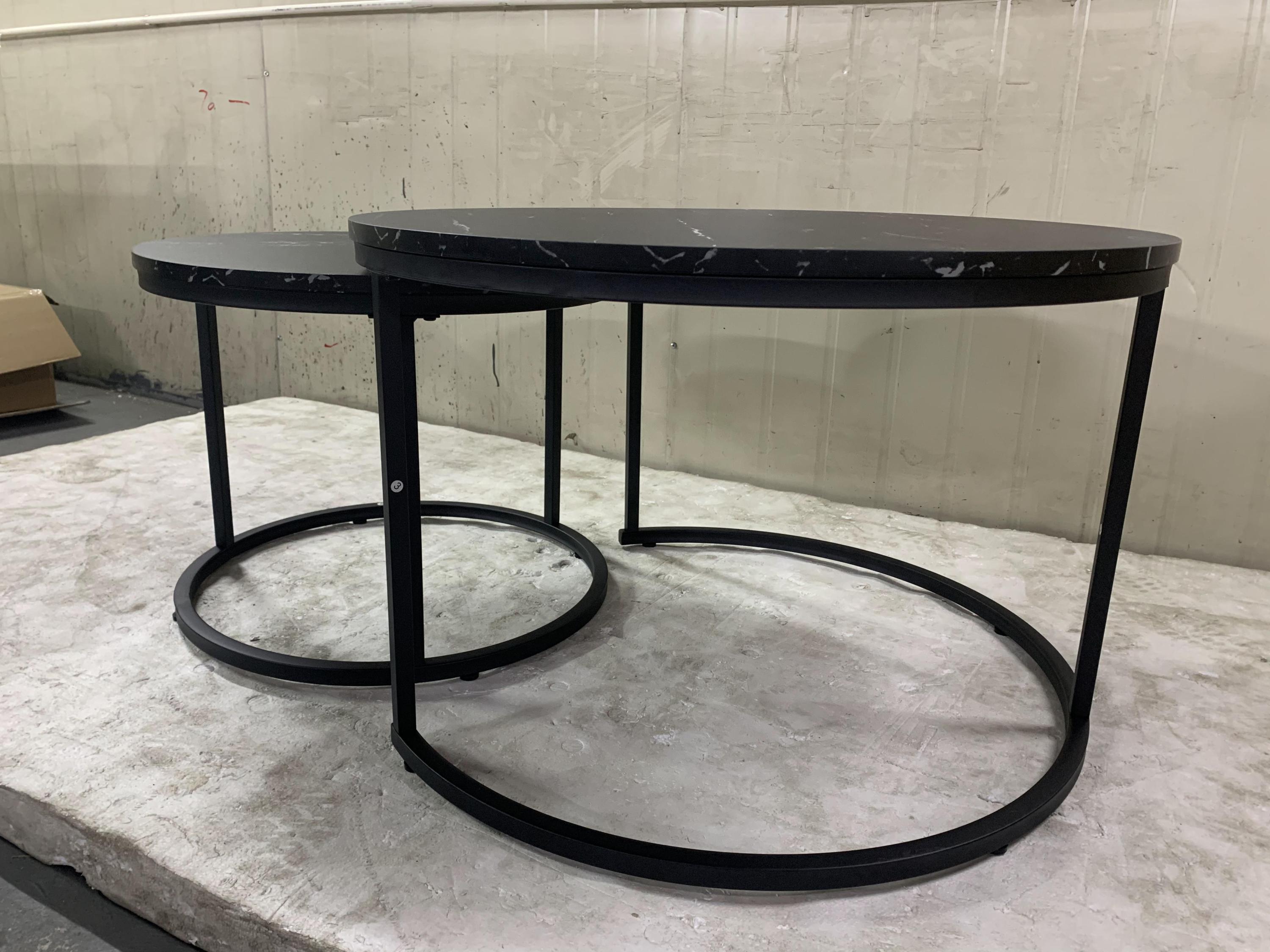 Nesting Coffee Table Set of 2, 27.6in Round Wood Marble Pattern Top with Sturdy Metal Frame, Black Living Room Side Tables for Bedroom Balcony Yard - Grand Goldman Shop