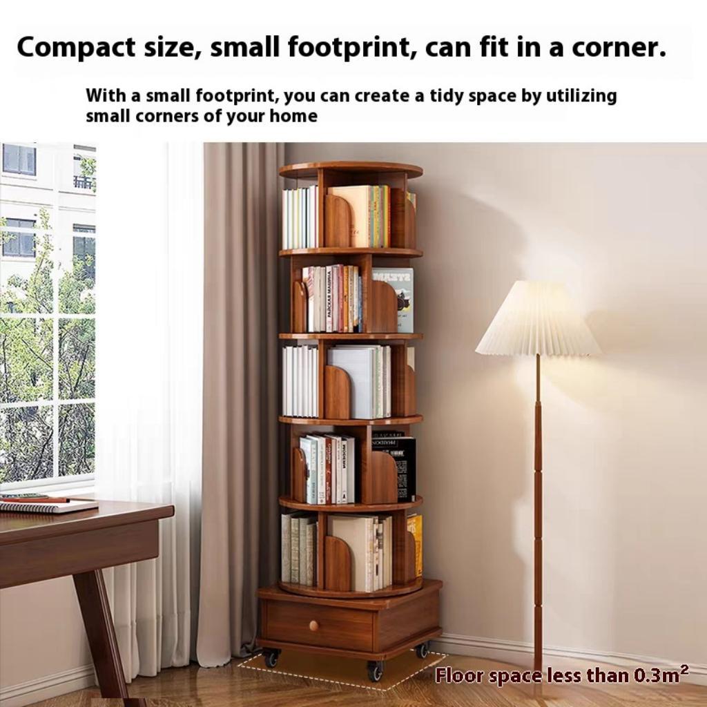 (UPGRADED) Rotating Bookshelf, 360 Display Corner Bookshelf for Small Space, 6 Tier Bookcase Storage Rack with Wheels, Wood Narrow Organizer for Bedroom, Living Room, Study Room, Walnut Brown - Grand Goldman Shop