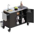 K&K 55.5' Outdoor Kitchen Island with Sink, Metal Grill Cart Table with 304 Stainless Steel Sink, Outdoor Bar Cart Sink Station with 4 Lockable Wheels for Pizza Prep & BBQ, L 55.5' x W 20' H 36.7' - Grand Goldman Shop
