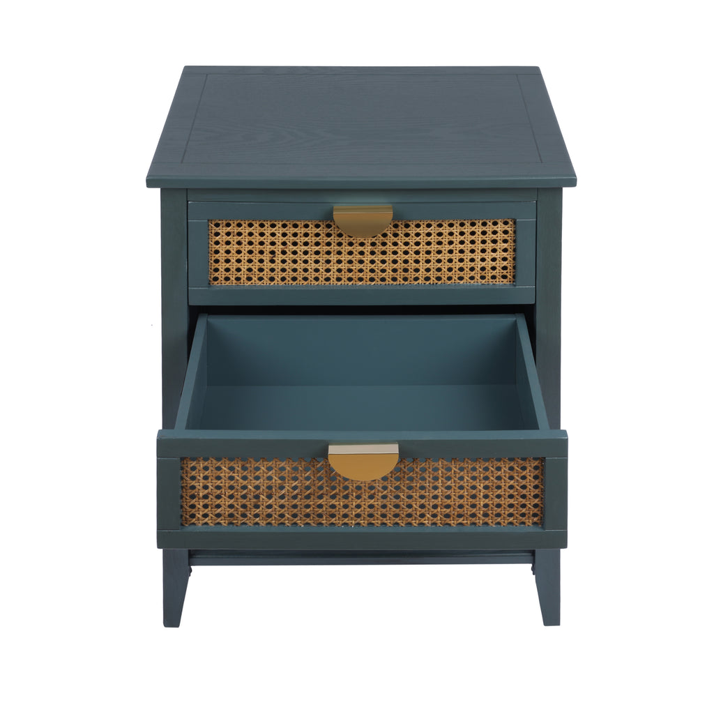 2-Drawer Side Table - Natural Rattan - End Table - Suitable for Bedroom, Living Room, or Study - Green MDF - Grand Goldman Shop