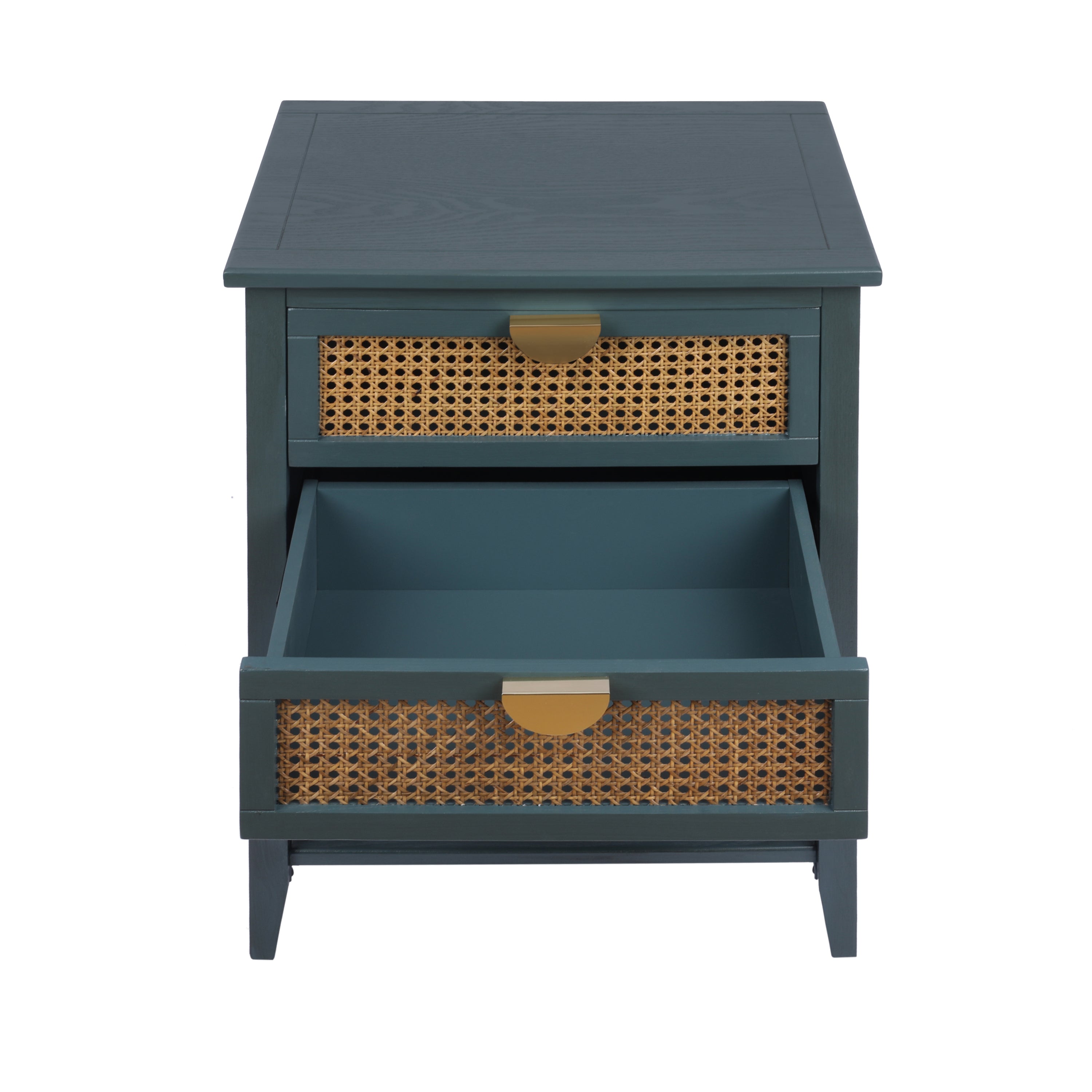 2-Drawer Side Table - Natural Rattan - End Table - Suitable for Bedroom, Living Room, or Study - Green MDF - Grand Goldman Shop