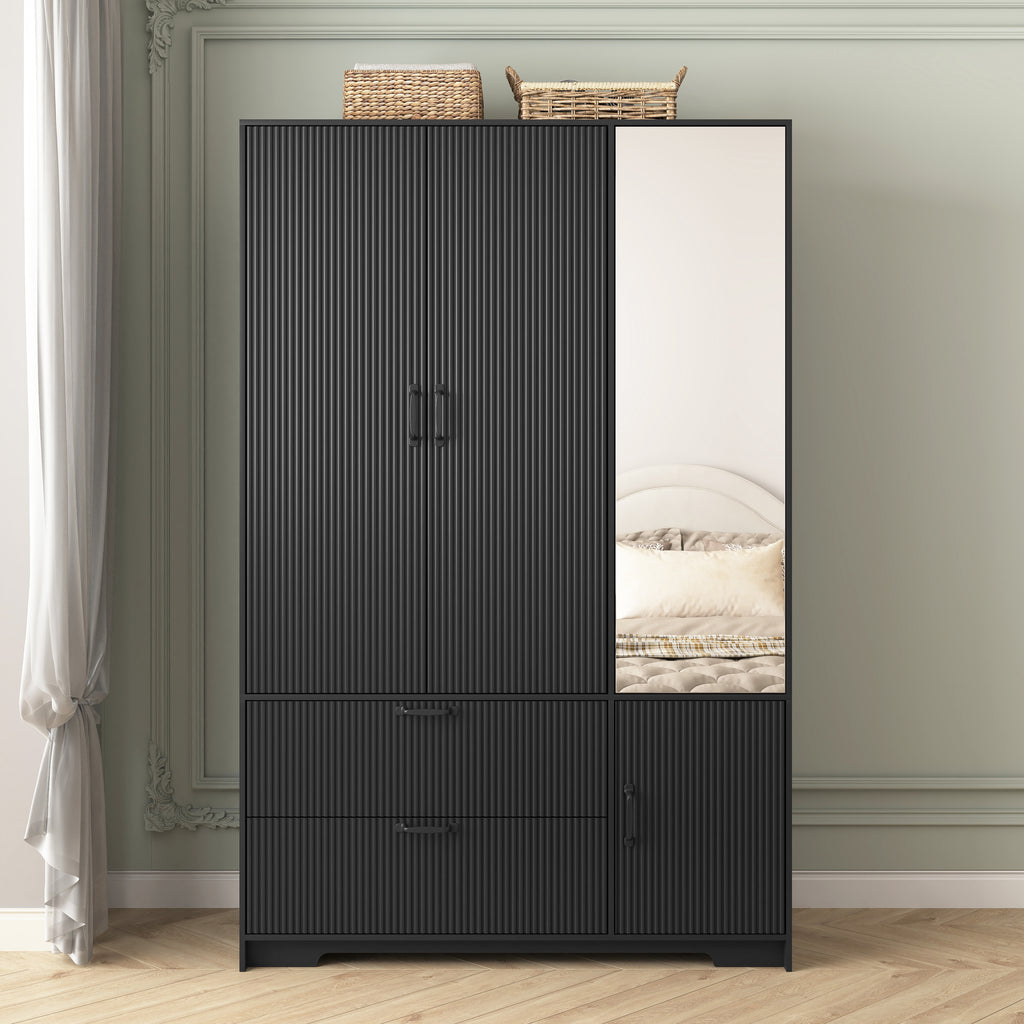 4 Doors Wardrobe Closet with Mirror, LED Wardrobe with Doors and 2 Drawers, Wooden Wardrobe Storage Cabinet with Hanging Rod, Adjustable Shelves, Black - Grand Goldman Shop
