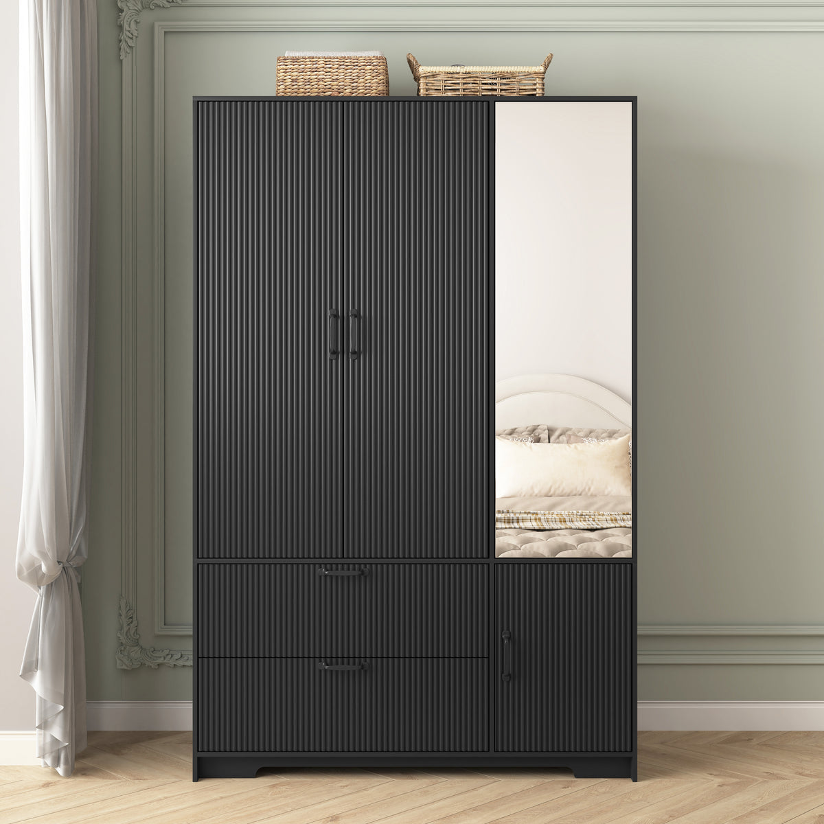 4 Doors Wardrobe Closet with Mirror, LED Wardrobe with Doors and 2 Drawers, Wooden Wardrobe Storage Cabinet with Hanging Rod, Adjustable Shelves, Black - Grand Goldman Shop