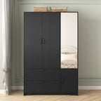 4 Doors Wardrobe Closet with Mirror, LED Wardrobe with Doors and 2 Drawers, Wooden Wardrobe Storage Cabinet with Hanging Rod, Adjustable Shelves, Black - Grand Goldman Shop