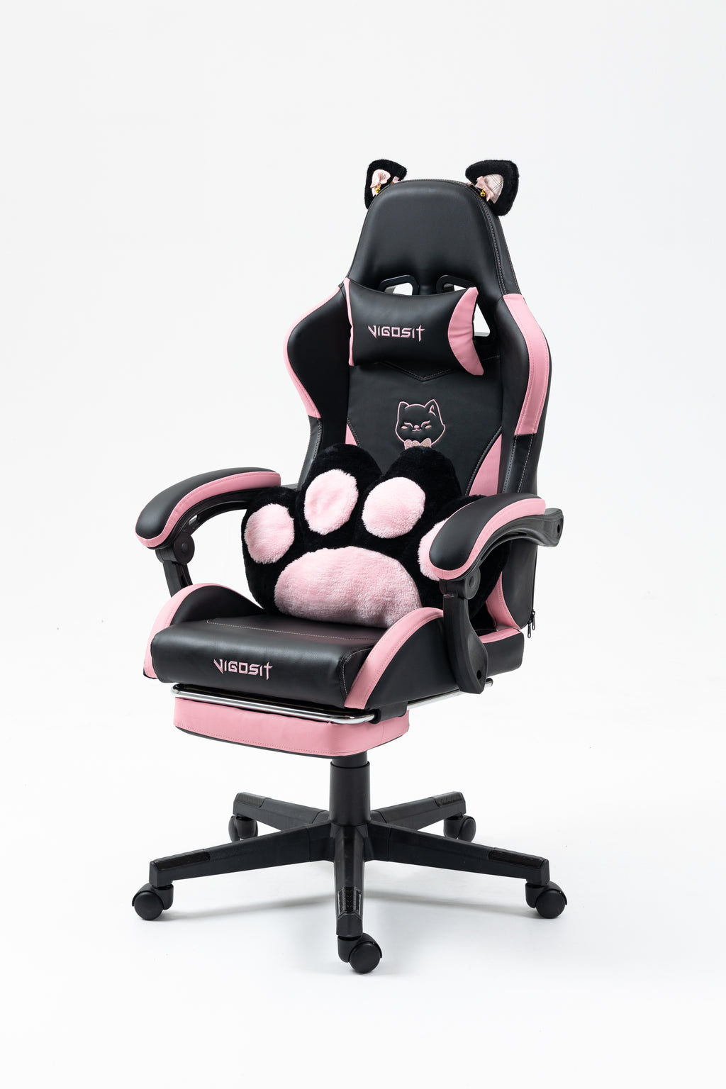 Cute Cat Gaming Chair with Paw Lumbar Cushion, PC Video Gamer Chair for Girl Teen Woman (Black) - Grand Goldman
