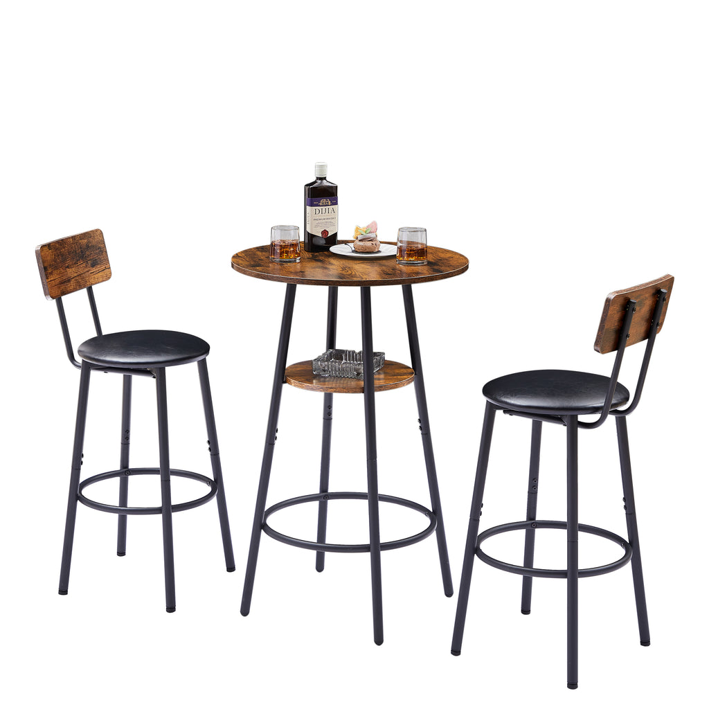 Round bar stool set with shelf, upholstered stool with backrest, Rustic Brown, 23.62'' W x 23.62'' D x 35.43'' H - Grand Goldman Shop