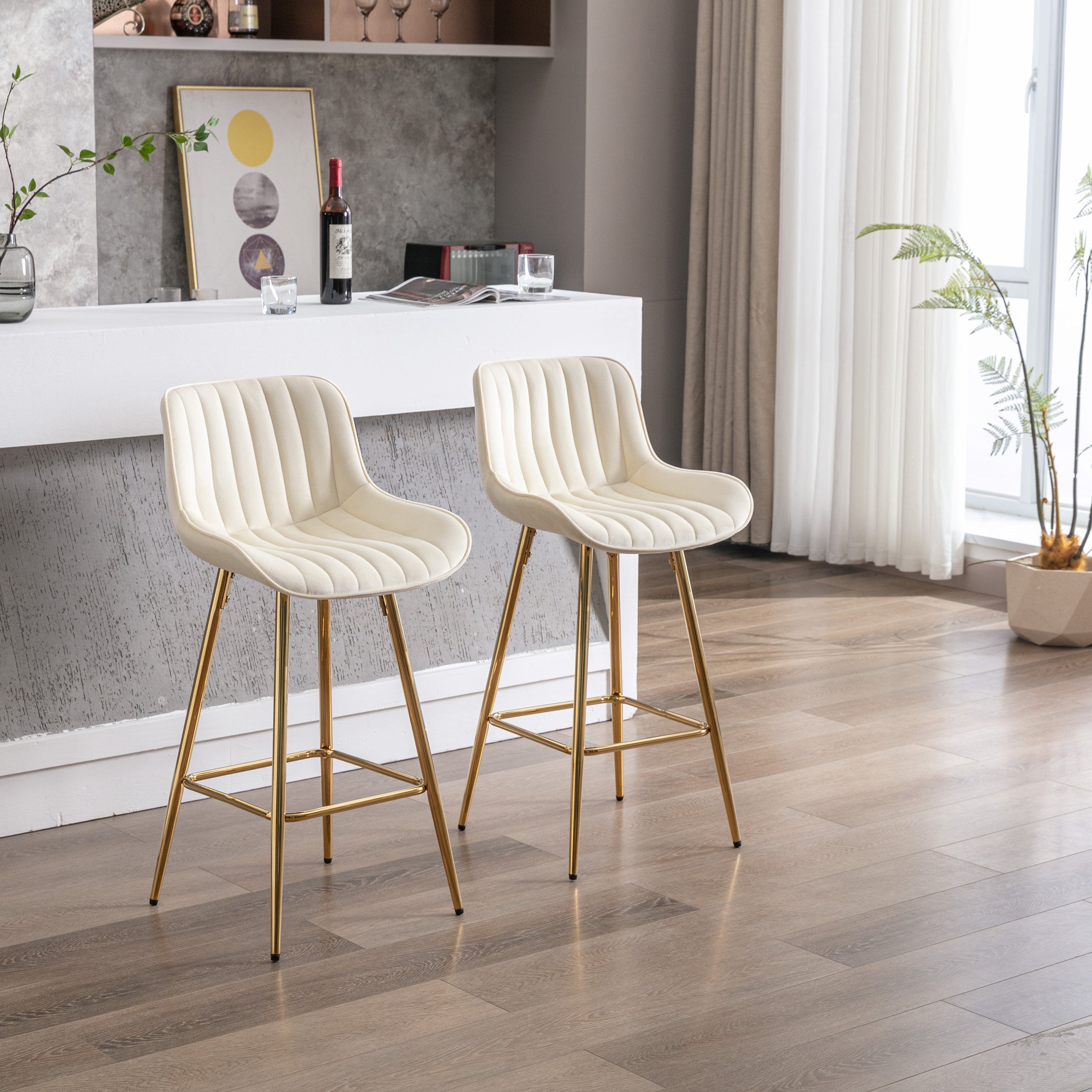 26 Inch Set of 2 Bar Stools,with Chrome Footrest Velvet Fabric Counter Stool Golden Leg Simple Bar Stool,CREAM - Grand Goldman Shop
