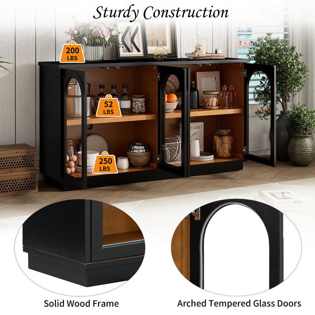 TREXM 4-Door Large Storage Buffet Cabinet with Glass Doors, Arched Cabinet with Adjustable Shelves for Kitchen, Dining Room and Living Room (Black) - Grand Goldman Shop