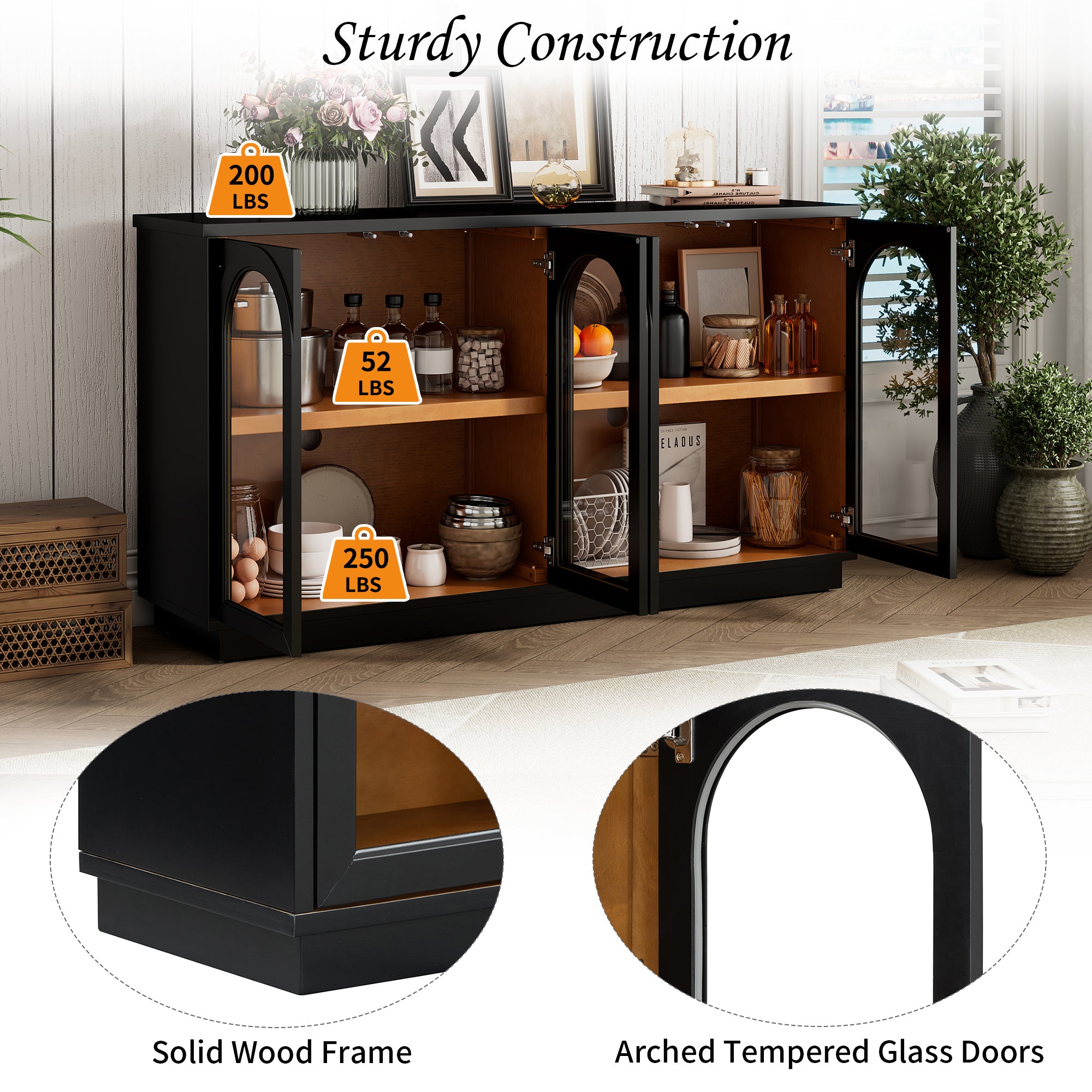 TREXM 4-Door Large Storage Buffet Cabinet with Glass Doors, Arched Cabinet with Adjustable Shelves for Kitchen, Dining Room and Living Room (Black) - Grand Goldman Shop