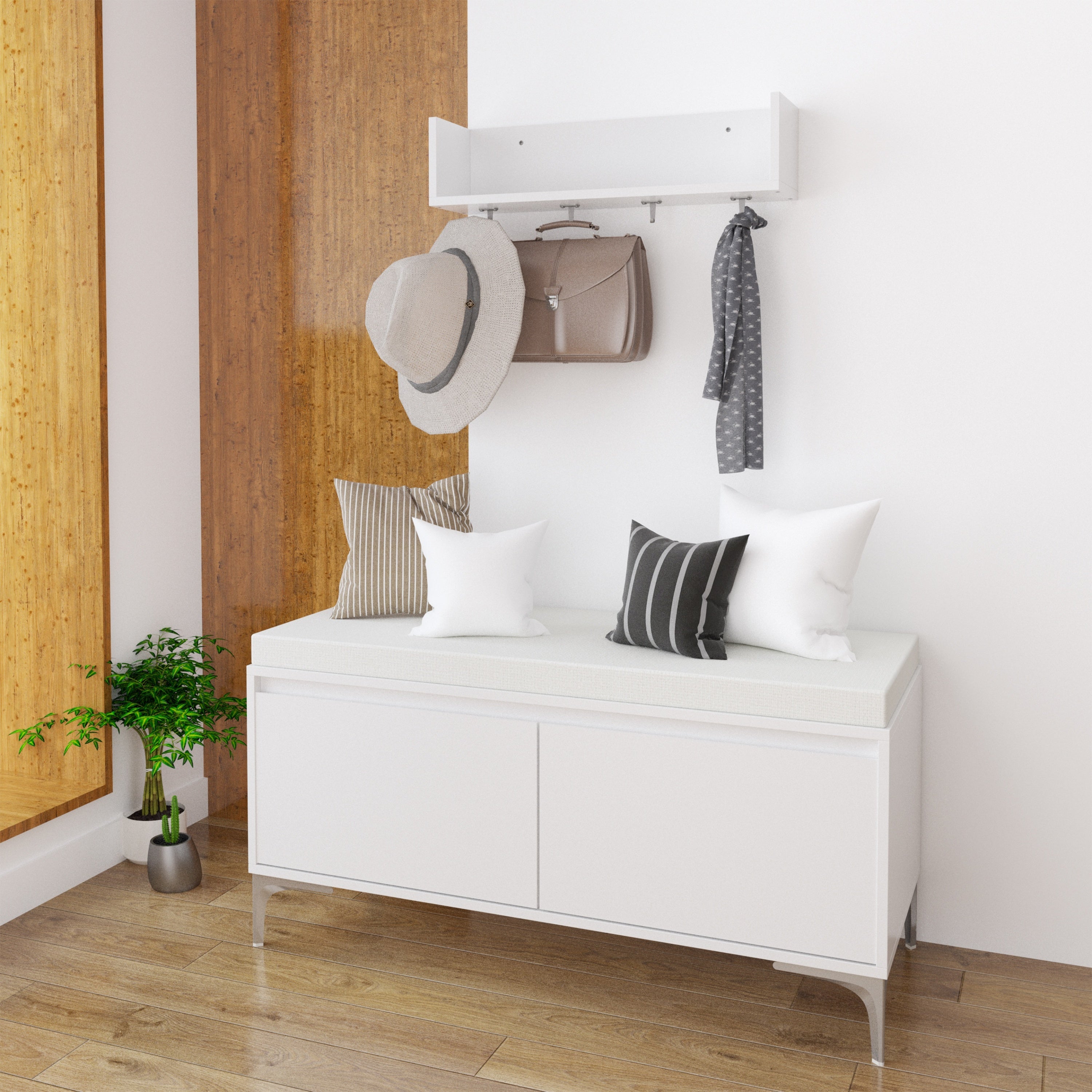 Modern White Wall-Mounted Entryway Shelf with Hooks and Storage Bench Set, Off White Metal & Wood, 39.37 x 15.75 x 19.49 inches - Grand Goldman Shop