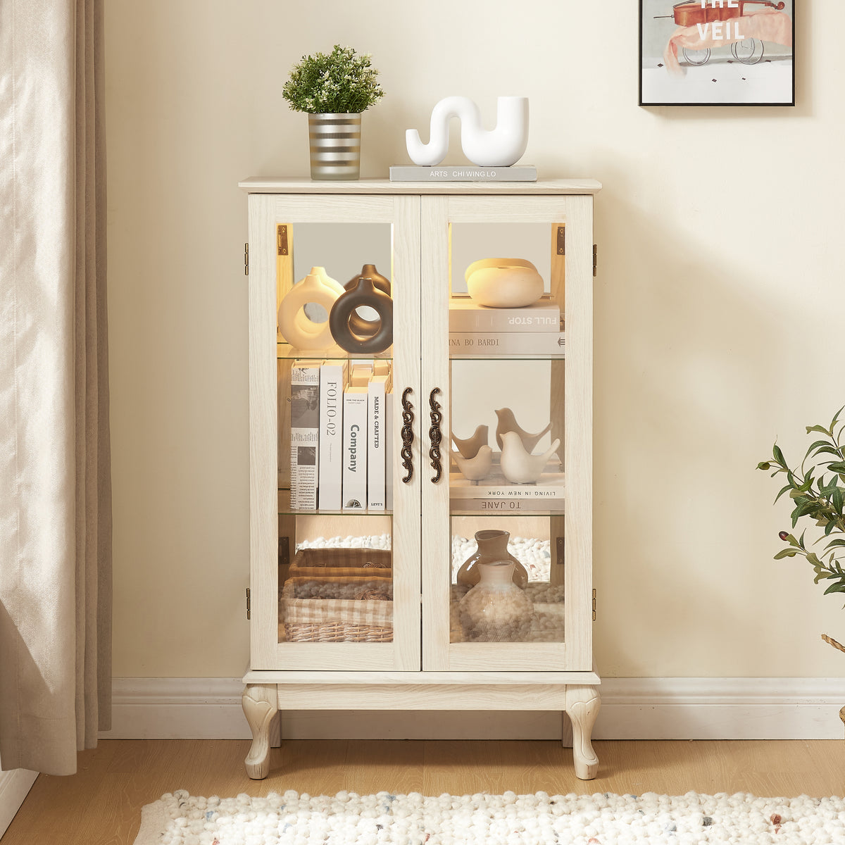 2 Doors Curio Cabinet with Tempered Glass Doors, Curio Cabinets with Mirrored Back Panel and Adjustable Shelves, Lighted Display Cabinet for Home, Office Light Bulb Included White - Grand Goldman Shop