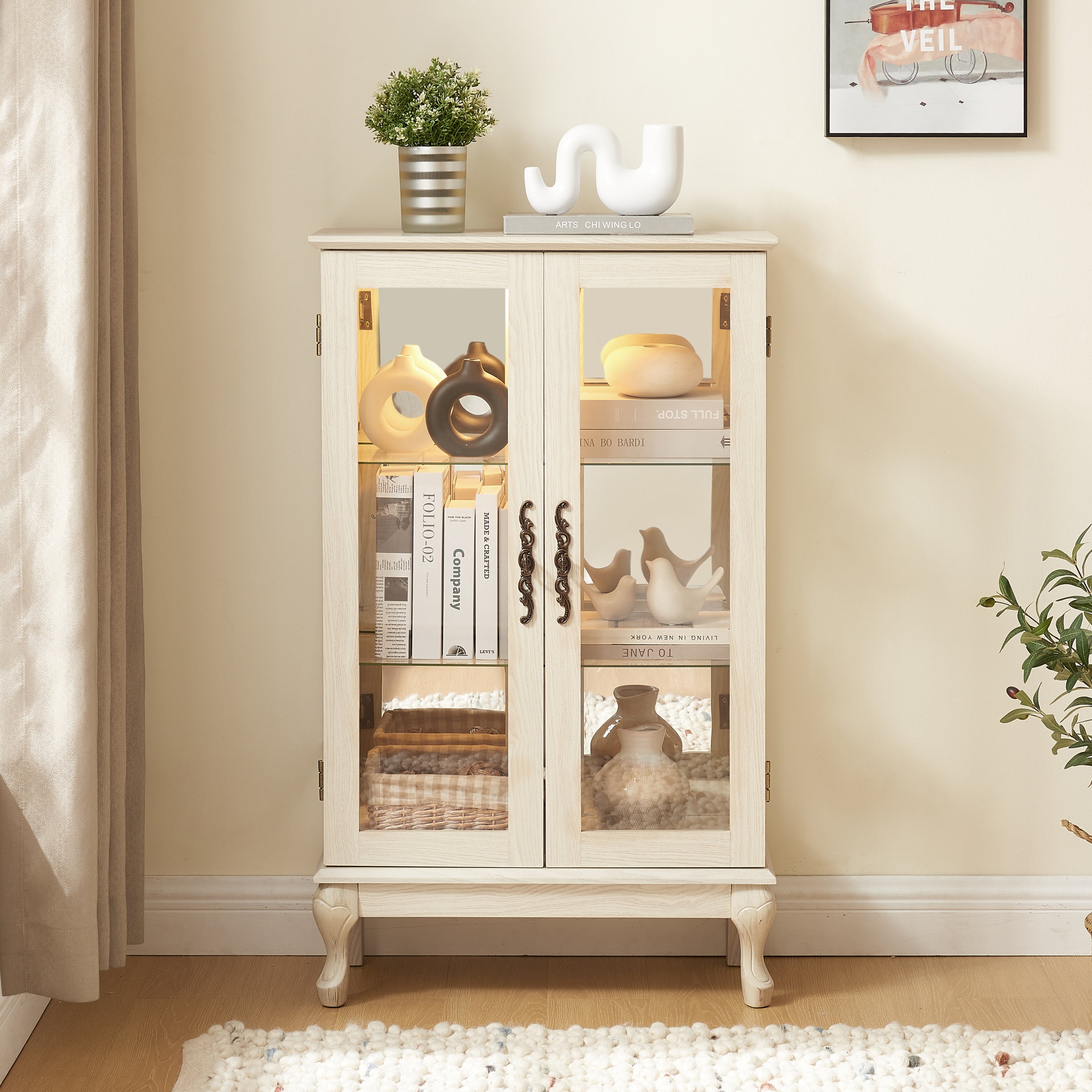 2 Doors Curio Cabinet with Tempered Glass Doors, Curio Cabinets with Mirrored Back Panel and Adjustable Shelves, Lighted Display Cabinet for Home, Office Light Bulb Included White - Grand Goldman Shop
