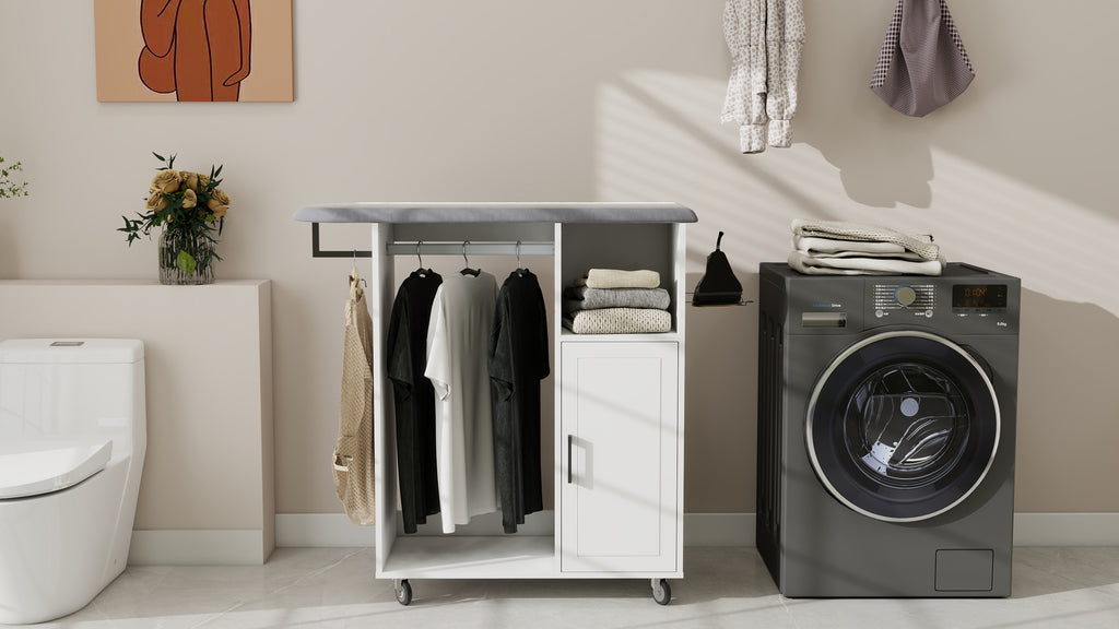 Ironing Cart with Rolling Ironing Board, Multipurpose Ironing Cabinet with Wheels, Compact Ironing Solution for Laundry Room, Bedroom,Cloakroom-White - Grand Goldman Shop
