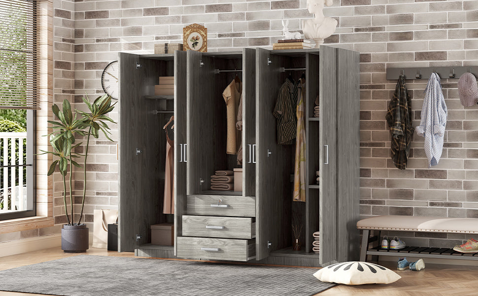 6-Doors Wooden Wardrobe Storage for Bedroom, with Big Drawers, Gray - Grand Goldman Shop