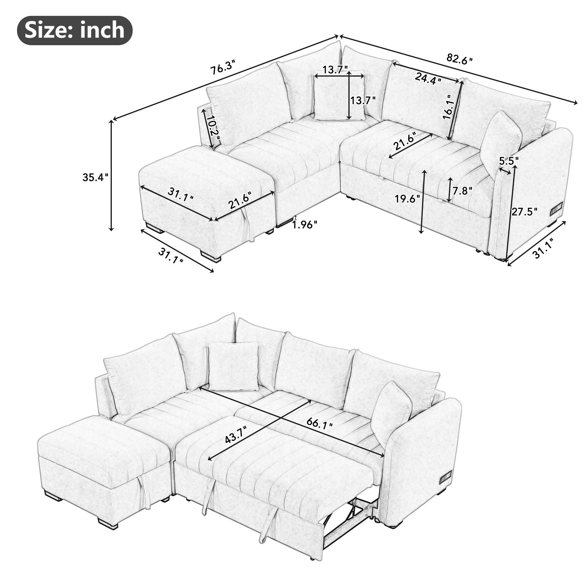 Modern L-shaped Sectional Pull Out Sofa Bed with USB Ports and Storage Ottoman, Beige, Jacquard Fabric, 82.6' - Grand Goldman Shop