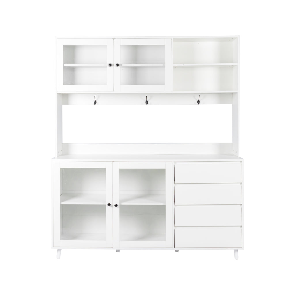 63' W Large Kitchen Hutch Cabinet, Freestanding Pantry Cabinets Storage Kitchen Cupboard with 4 Doors, 4 Drawers & Microwave Shelf, White - Grand Goldman Shop