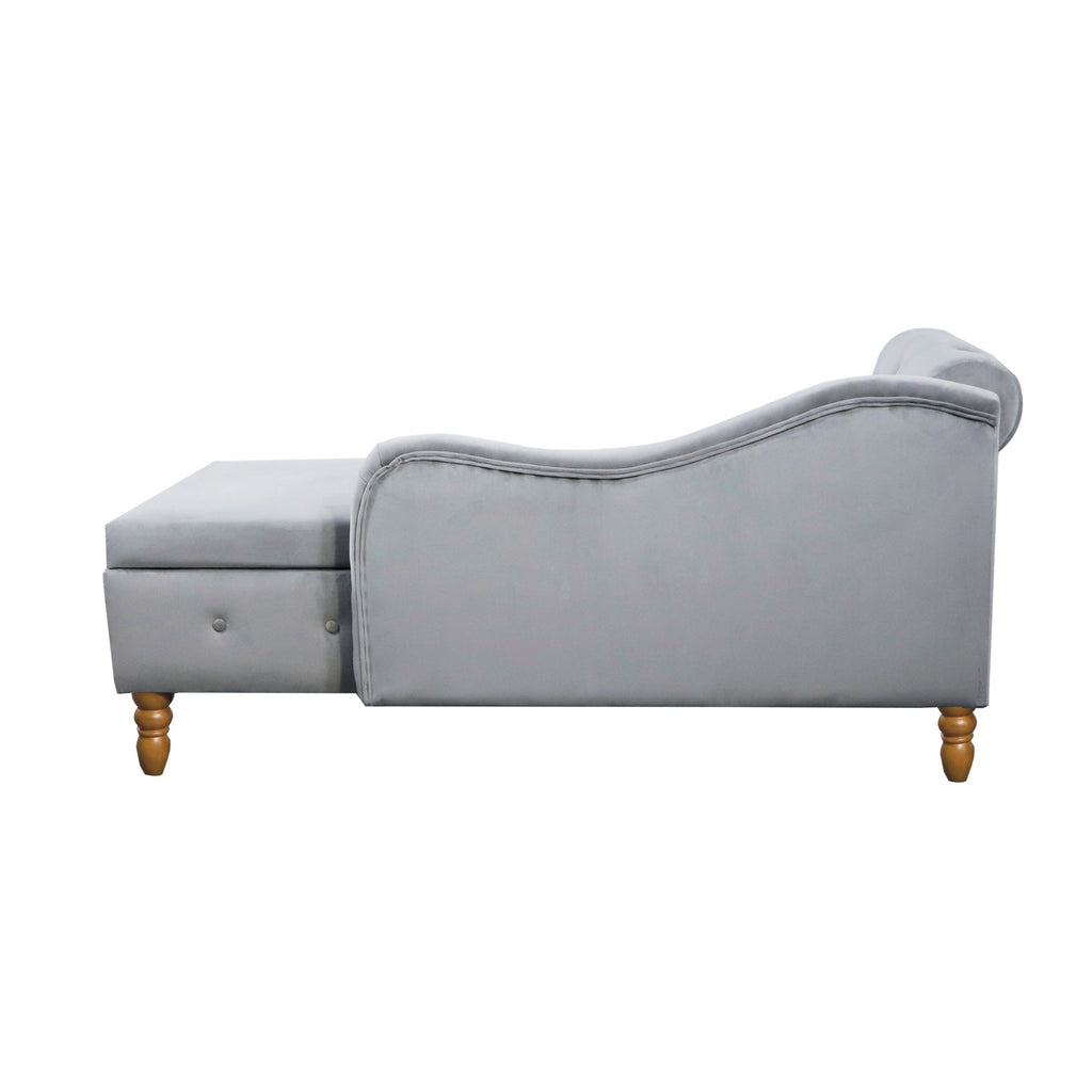 Grey Chaise Lounge Indoor, Velvet Lounge Chair for Bedroom with Storage & Pillow, Modern Upholstered Rolled Arm Chase Lounge for Sleeping with Nailhead Trim for Living Room Bedroom Office - Grand Goldman Shop