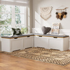 3-Piece L-Shaped Multi-Functional Storage Bench with Cushion, serving as a kitchen corner bench, toy storage box, or reading nook seat., White and Natural, 63'D x 63'W x 19.1'H - Grand Goldman Shop