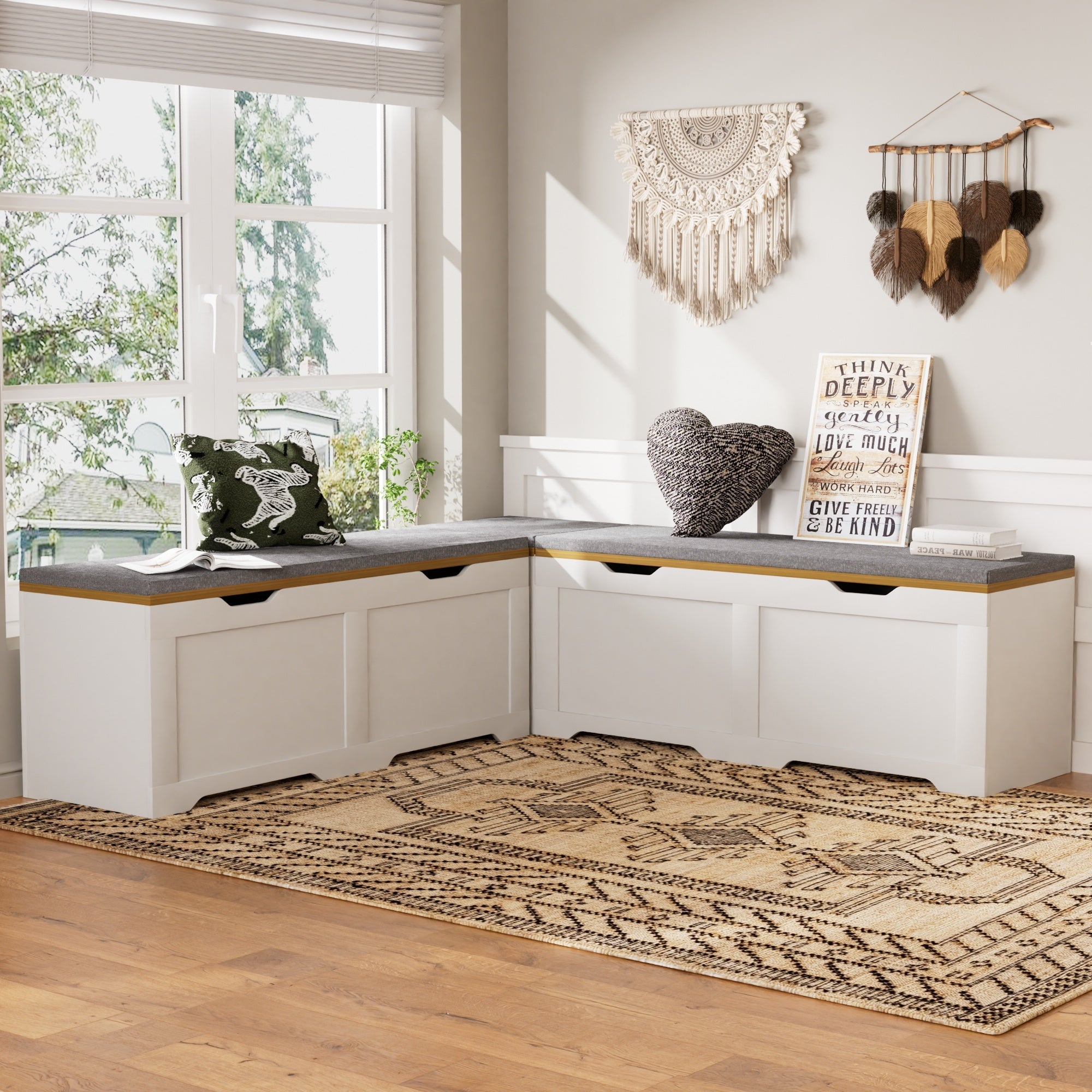 3-Piece L-Shaped Multi-Functional Storage Bench with Cushion, serving as a kitchen corner bench, toy storage box, or reading nook seat., White and Natural, 63'D x 63'W x 19.1'H - Grand Goldman Shop