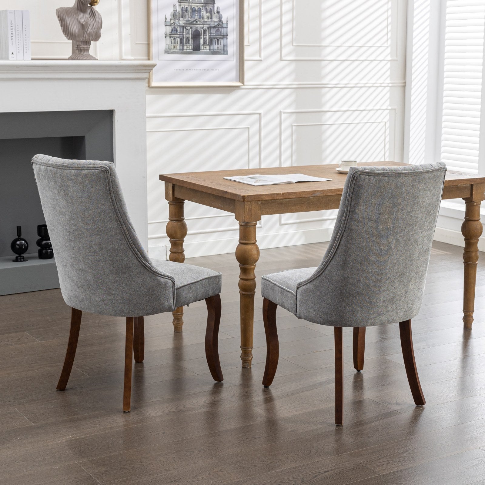 Rayon Cloth Flocking Linen Dining Chairs Channel Kitchen Dinner Chair Comfy Fabric Upholstered Accent Chair for Dining Room with Curved Solid Wood Legs,Set of 2 (Gray), SW1847GY - Grand Goldman Shop