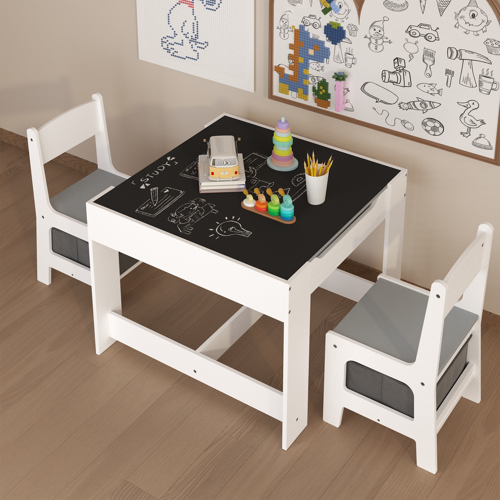Kids Table and Chair Set, 3 in 1 Wooden Activity Table with Storage Drawer for Toddlers Drawing, Reading, Crafts, 2 in 1 Deta