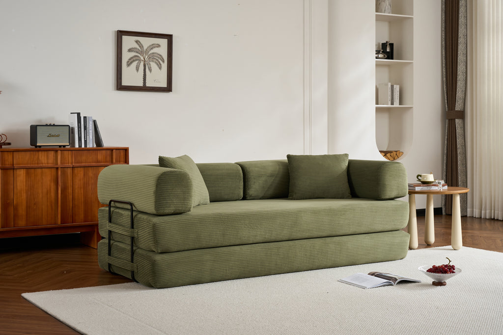 Convertible Sleeper Sofa Bed with Cylindrical Pillow, Corduroy Folding Mattress Couch with Fixed-Shape Frame, Floor Sofa Lounge Couch for Living Room Bedroom (Green) - Grand Goldman Shop