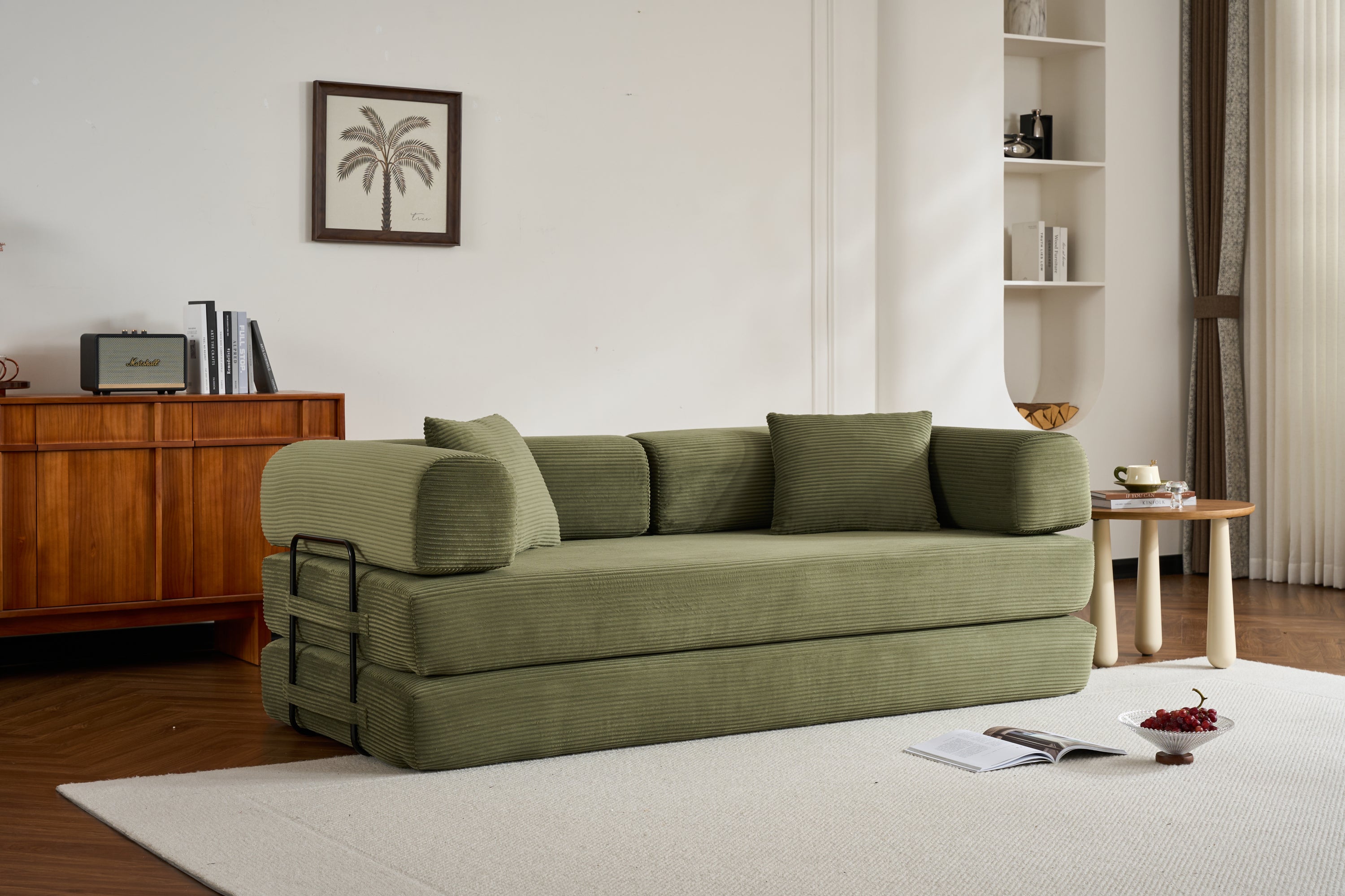 Convertible Sleeper Sofa Bed with Cylindrical Pillow, Corduroy Folding Mattress Couch with Fixed-Shape Frame, Floor Sofa Lounge Couch for Living Room Bedroom (Green) - Grand Goldman Shop